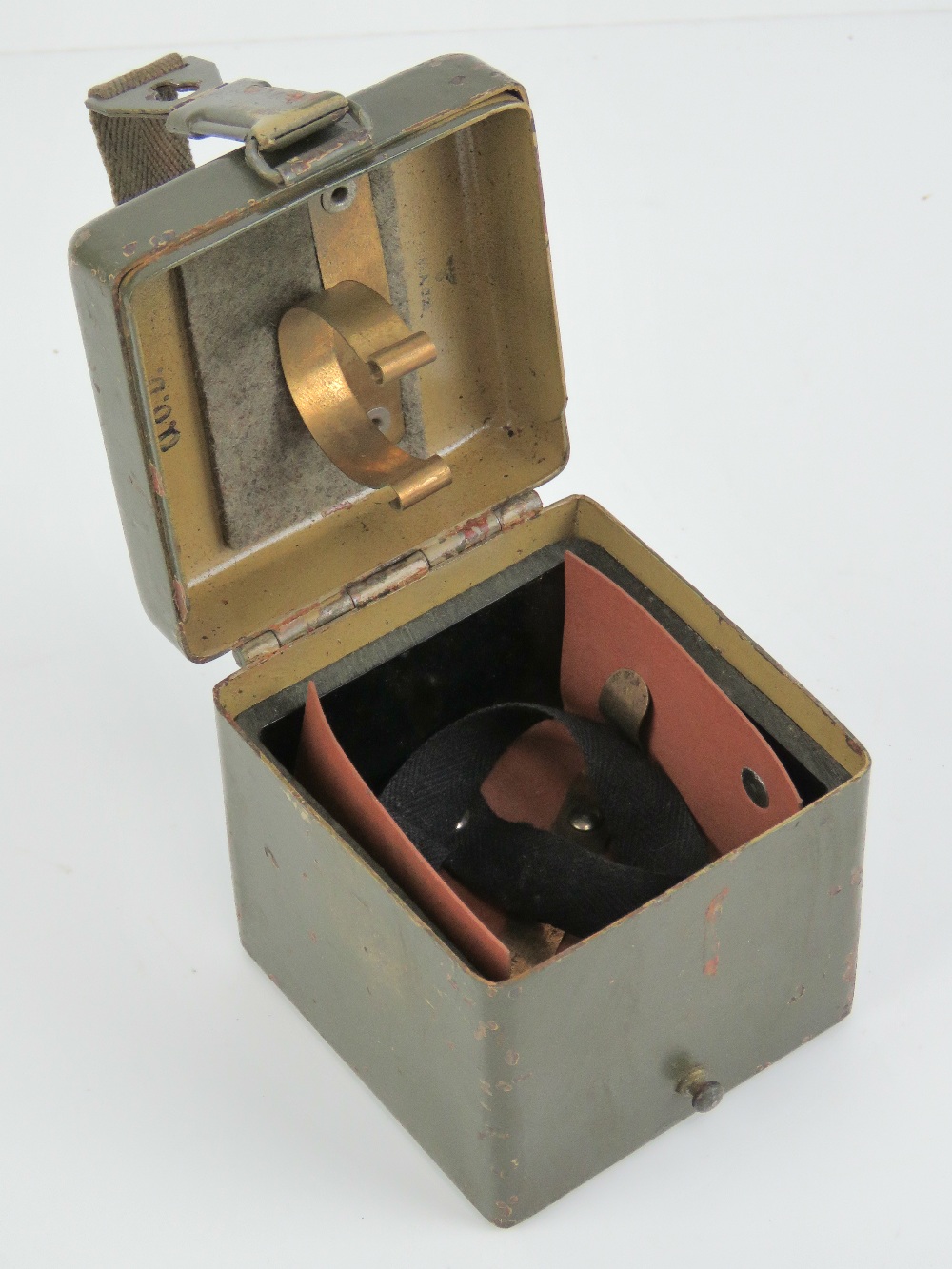 A WWII German MG34/42 Lafette battery box in green, having German marks upon, with strap.