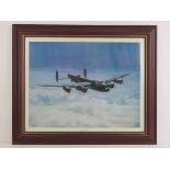'Moonlight Return' a print of a painting by Gerald Palmer of a Lancaster bomber in flight,