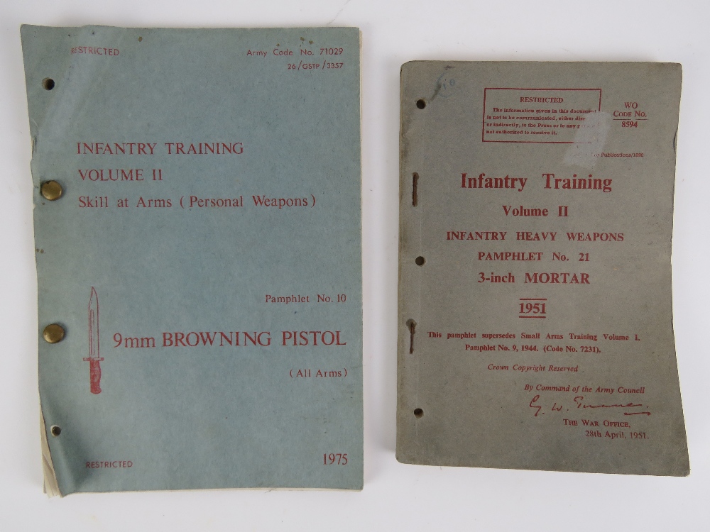 A British Browning pistol training book together with an Infantry mortar training book. Two items.