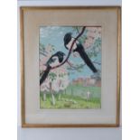 Watercolour; a brace of Magpies 'Two for a Boy' upon a flowering Cherry, grazing chickens,