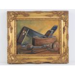 Oil on board; vintage tools inc hand drill, plane and set square, signed lower left G Ward.