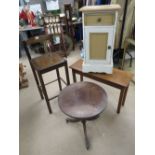 A contemporary mahogany high seat bar stool together with a square leg mahogany long stool,
