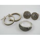 A pair of silver marcasite hoop earrings stamped 925,