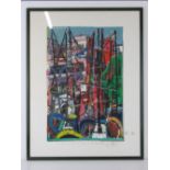 Oil on card stuck down; a colourful abstract impression of a harbour side scene,