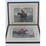 Coloured print; portly huntsman on galloping Chestnut, together with another print,
