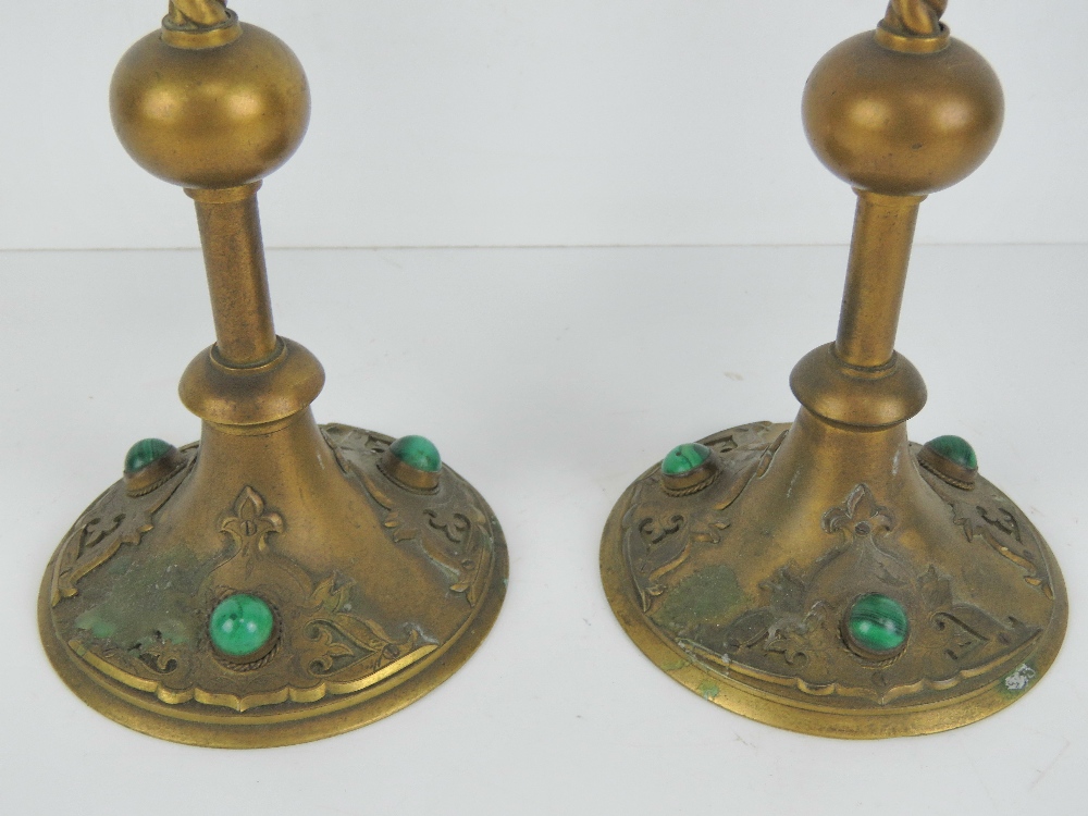 A pair of Gothic Revival brass candlesticks inset with malachite cabachons, each 22cm high. - Image 2 of 2