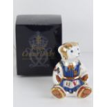 Royal Crown Derby Paperweight; 'School Girl Teddy', gold stopper or button, with box.