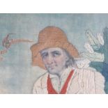 A late 18thC painted silk and wool embroidery depicting a man in front of farmhouse,