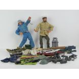 Two original Action Man dolls c1970's together with a selection of clothing, uniform, boots,