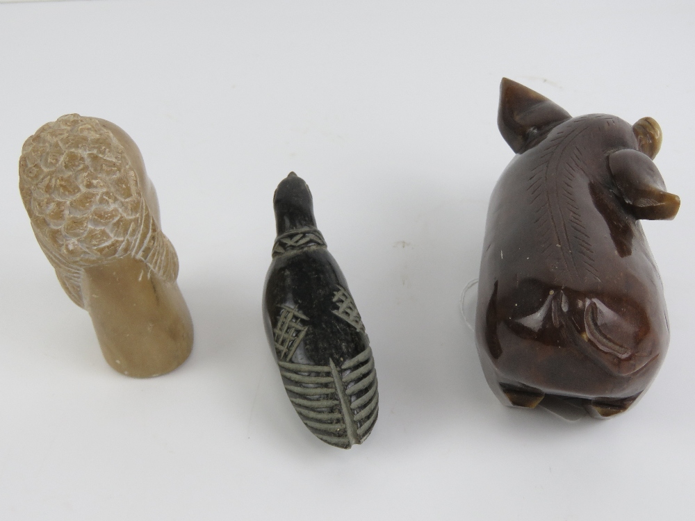 A carved stone pig figurine, 14cm in length, together with two other carved stone figurines. - Image 3 of 3