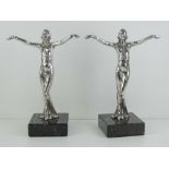 After Joseph Lorenzi 'Allegory of Victory'; a pair of silver plated Art Deco female dancers,