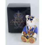 Royal Crown Derby Paperweight; 'School Boy Teddy', gold stopper or button, with box.