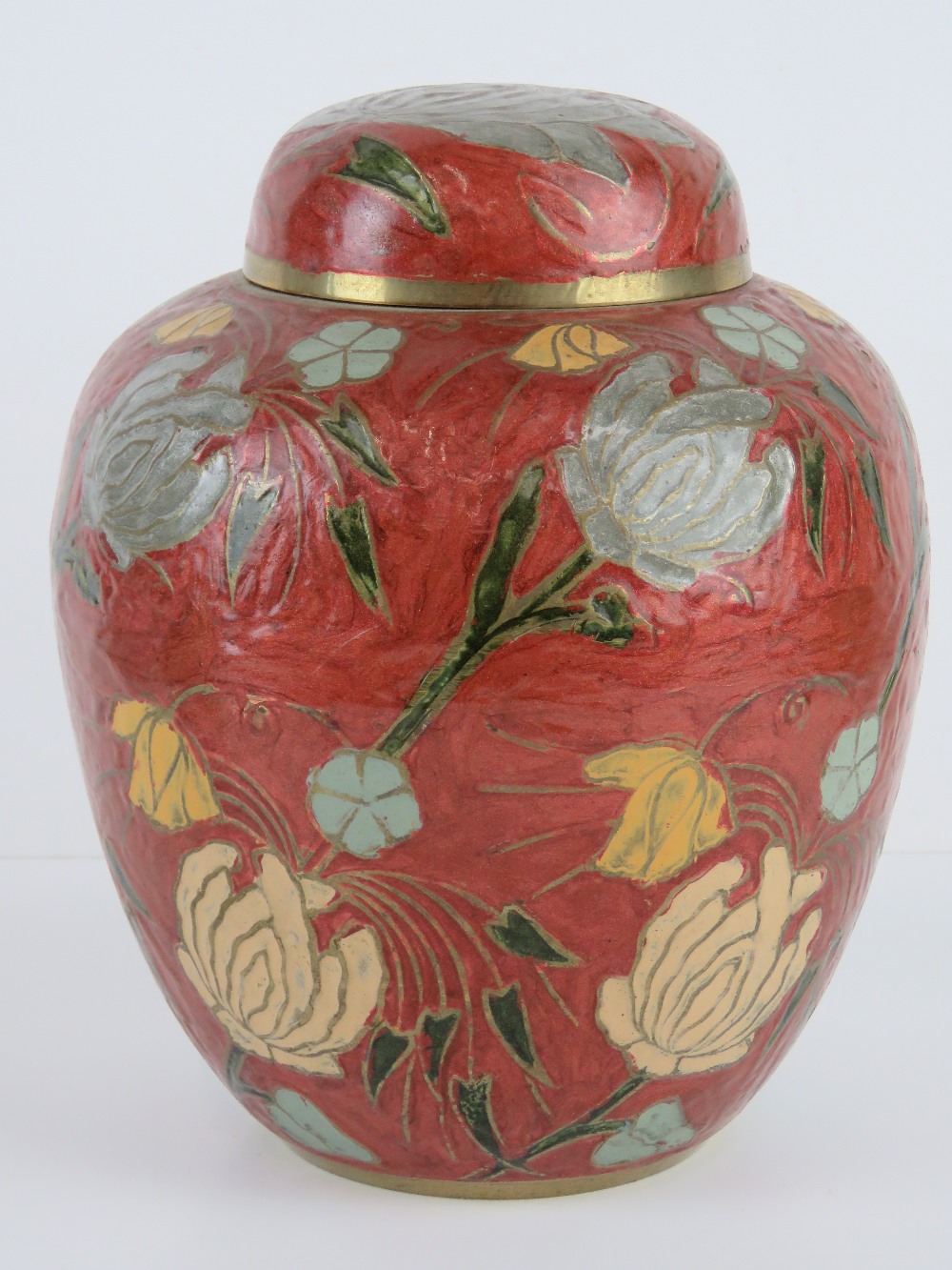 A contemporary brass and enamelled ginger jar and cover, 22cm high.