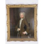 A large and impressive early 18th century 3/4 length portrait of a military gentleman in grey wig,
