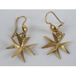 A pair of 18ct gold Maltese cross earrings, total drop 3.5cm, stamped C18 with Maltese hallmark, 2.