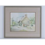 Watercolour; 'The Old Post Office, Lyndon, Rutland', country lane with thatched cottage,