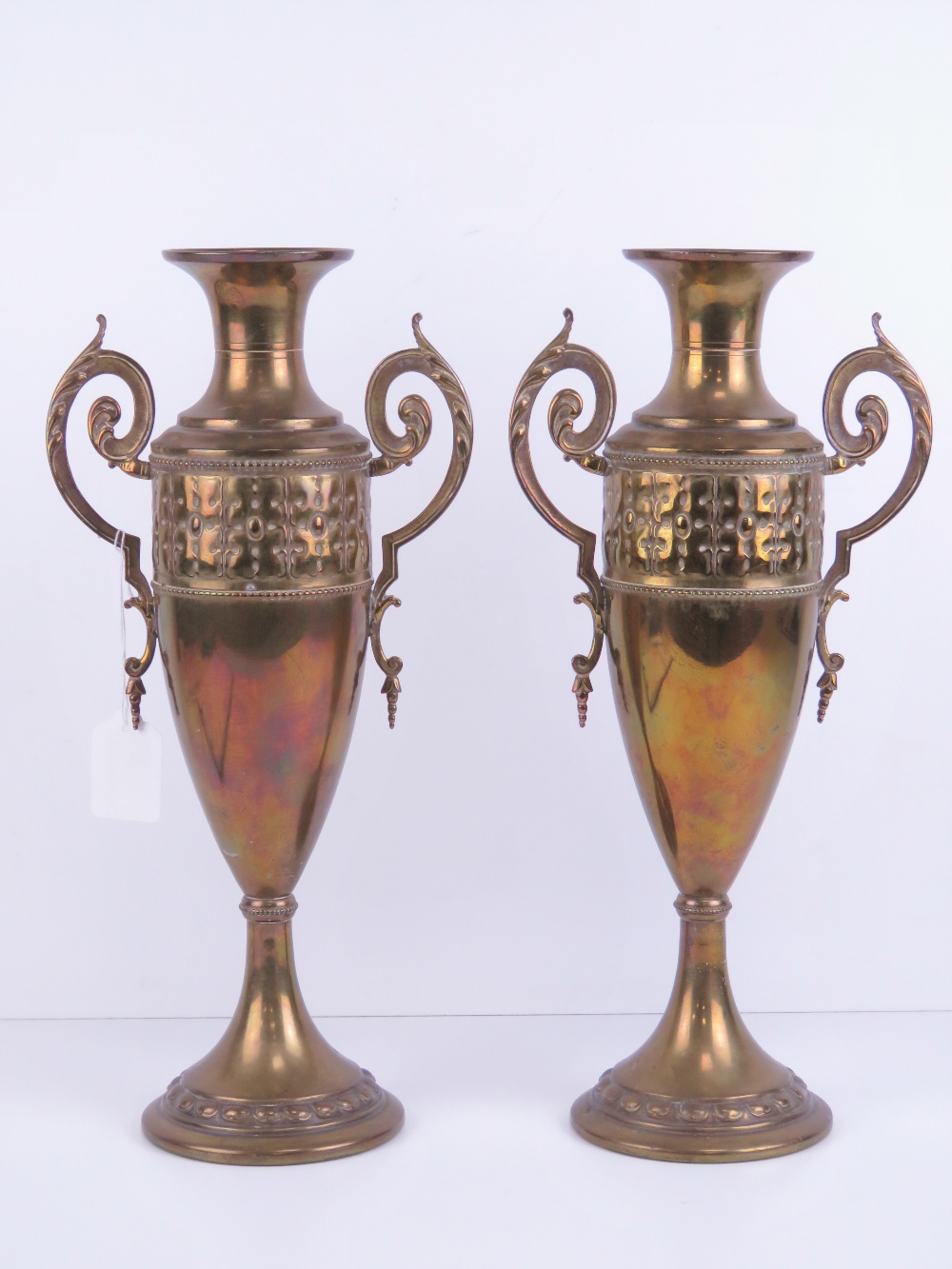 A pair of art nouveau tall brass urn style vases each marked C & K Co Tiel Holland 1378 to base. - Image 3 of 3