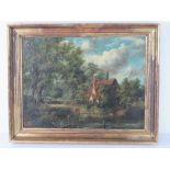 Oil on canvas; a late 18th / early 19th century rural study, waterside cottage, cart and trees,