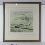 Watercolour; rural view of Farndale Yorkshire, barn with trees, fields and moorland beyond,