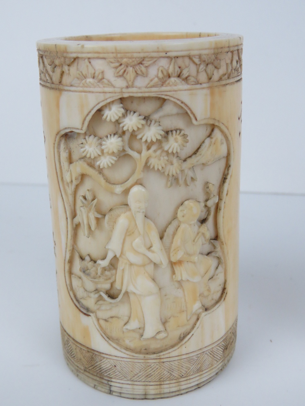 A 19th century carved ivory cylindrical brush pot, 9 x 5cm. - Image 2 of 11
