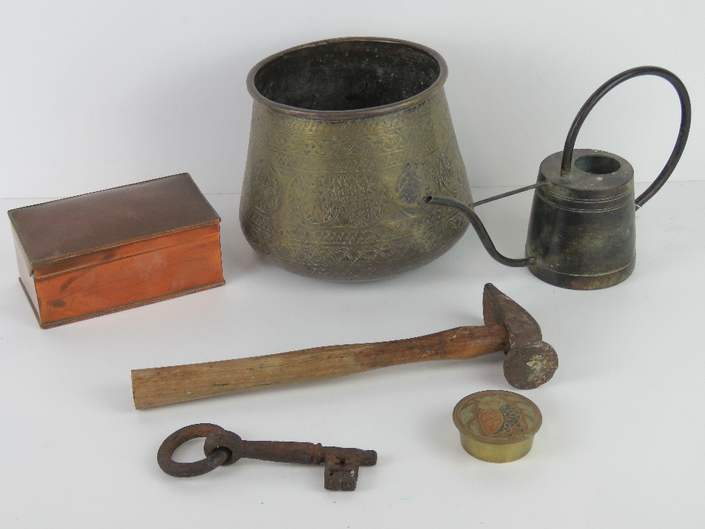 A small quantity of assorted brass and copper wares including a tobacco box, Indo Asian pot etc.