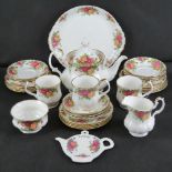 Royal Albert Old Country Roses; teapot with milk jug and sugar bowl,