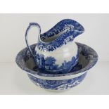 A contemporary blue and white Copeland Spode wash jug and bowl, jug 26cm high, bowl 36cm dia.