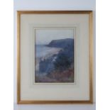 Watercolour; a cliff top view of a coastal scene, houses, pier, boats and groynes beyond,
