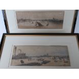 Hand coloured engravings of London; London Bridge Southwark Bridge including Southwark Cathedral,