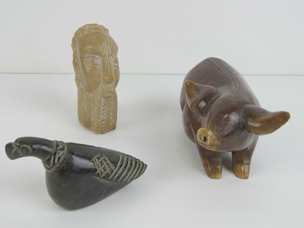 A carved stone pig figurine, 14cm in length, together with two other carved stone figurines. - Image 2 of 3