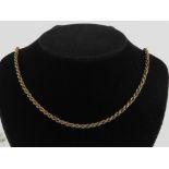 A 9ct gold rope twist chain necklace measuring 49.5cm in length, hallmarked 375, 7.4g.