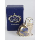 Royal Crown Derby Paperweight; 'King Charles Spaniel', gold stopper or button, with box.