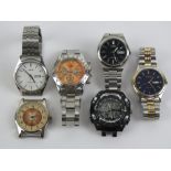 Three stainless steel Lorus wristwatches each having day and date apertures to dial.