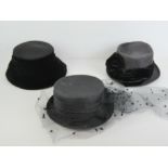 Three black ladies hats inc one with mourning vale,