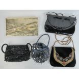 Two ladies beaded evening bags together with another in velvet having embroidery to front.