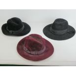 Three vintage felt trilby hats, one made by Country Habits size S,