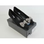 Dune; A pair of ladies black suede stiletto kitten heels with jewel bow to front. Size 6/39.