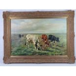Oil on canvas; 20thC study of grazing cattle in moorland scene.
