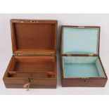 A mahogany dressing table box having aqua blue fabric lining, 26 x 19.