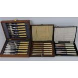 A set of silver plated fish knives and forks in fitted wooden box.