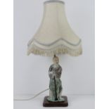 A ceramic lamp base in the form of an Oriental gentleman with shade over, all standing 59cm high.