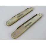 Two HM silver and mother of pearl folding fruit knives, MoP a/f to each,