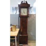 A good 30 hour long case clock having square shaped painted dial, 11" wide with subsidiary aperture,