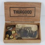 A wooden cigar box containing;