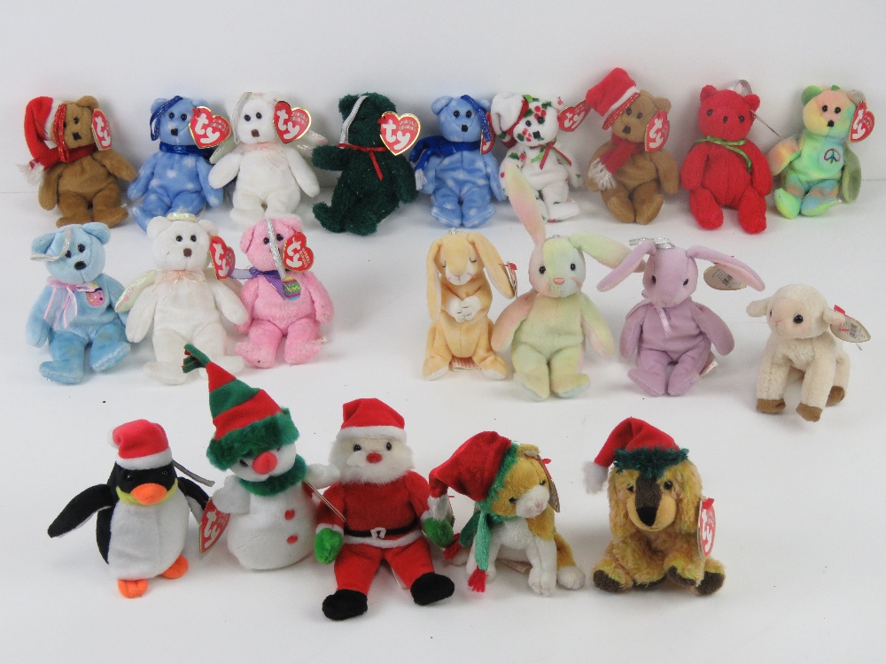 Ty Jingle Beanies, miniature bear Christmas tree decorations; '1997 Holiday' (x2), '1998 Holiday',