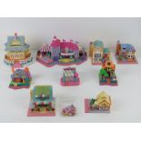 Polly Pocket; c1990s five houses having pavements to front, one having various sections inc stables,