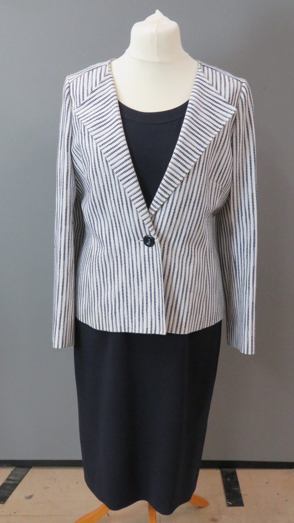 Jaeger; a ladies 100% cotton jacket in navy and white, dry clean only label within,