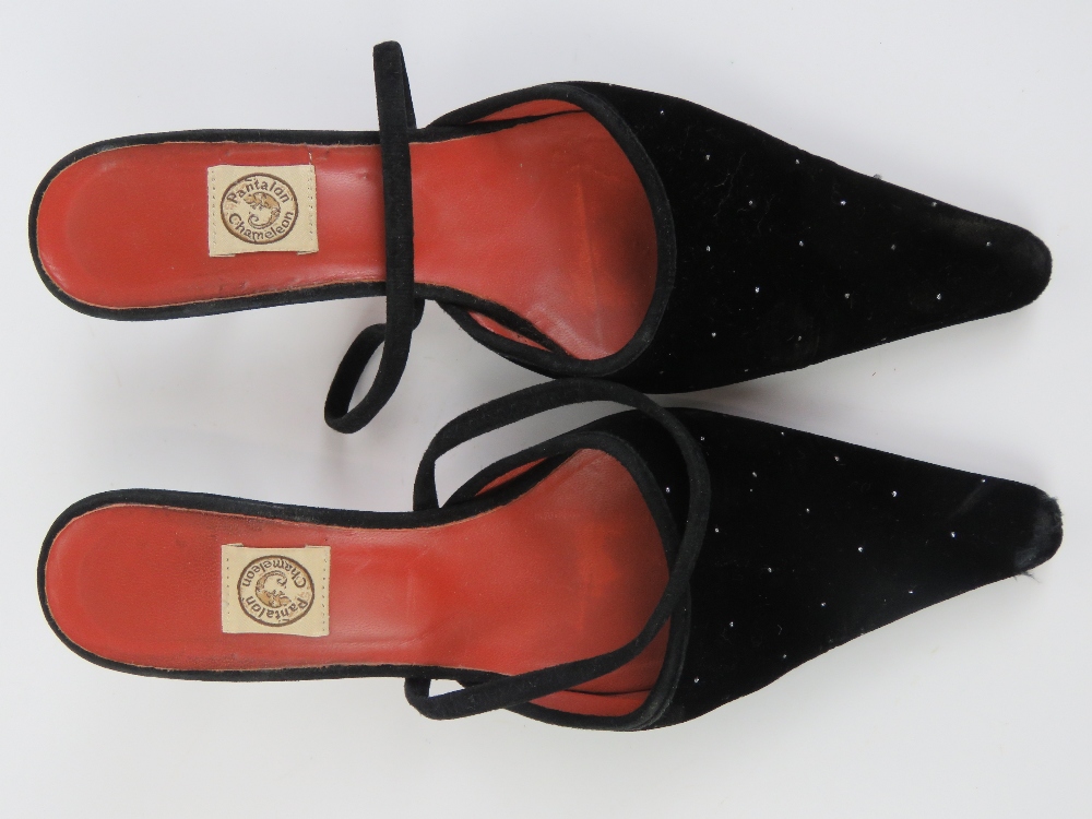 Pantalon Chameleon; a pair of ladies kitten heel slingback black velvet shoes having leather soles, - Image 4 of 5