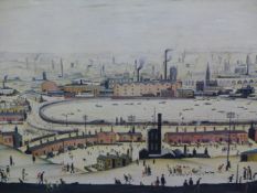 L.S.LOWRY. (1887-1976) ARR. THE POND. PENCIL SIGNED LIMITED EDITION COLOUR PRINT. 44 x 57cms.