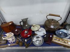 A PAIR OF VINTAGE BINOCULARS, A COPPER KETTLE, A DOORSTOP, ENAMEL CHAMBERSTICKS,ETC. (QTY)